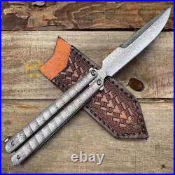 Custom Hand Made Forged Damascus Steel Folding Pocket Knife Hunting With Sheath