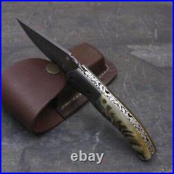 Custom HandMade Damascus steel Folding Blade Hunting Pocket Knife with Wood Box