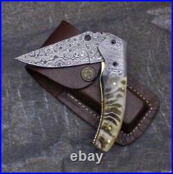 Custom HandMade Damascus steel Folding Blade Hunting Pocket Knife with Wood Box