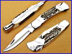 Custom Handmade D2 Steel Back Lock Folding Knife Bolster Deer Antler Handle