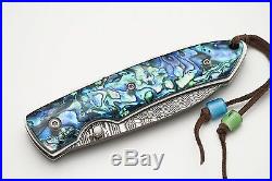 Custom Handmade Damascus Abalone Folding Knife Handle Rare Item