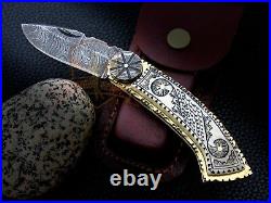 Custom Handmade Damascus Folding Knife Scrimshaw Art Knife Camel Bone Handle