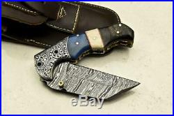 Custom Handmade Damascus Folding Knife With Sheath