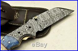 Custom Handmade Damascus Folding Knife With Sheath