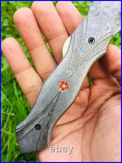 Custom Handmade Damascus Folding Pocket knife with Leather EDC Gift option for him