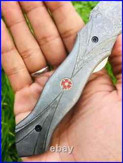 Custom Handmade Damascus Folding Pocket knife with Leather EDC Gift option for him