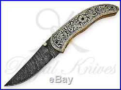 Custom Handmade Damascus Folding/pocket Knife With Brass Hand Engraved Handel