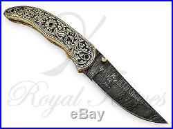 Custom Handmade Damascus Folding/pocket Knife With Brass Hand Engraved Handel