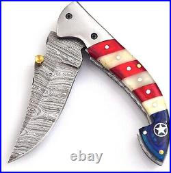 Custom Handmade Damascus Pocket Folding Knife For Camping, Hunting, American Flag