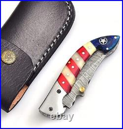 Custom Handmade Damascus Pocket Folding Knife For Camping, Hunting, American Flag