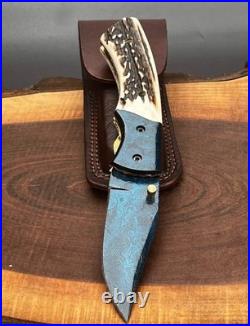 Custom Handmade Damascus Pocket Knife, Hunting & Camping Knife, Folding Knife