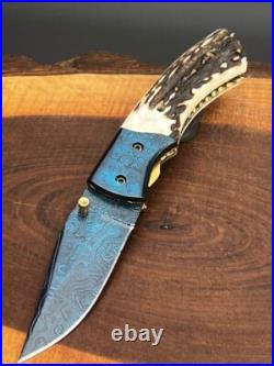 Custom Handmade Damascus Pocket Knife, Hunting & Camping Knife, Folding Knife