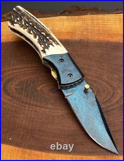 Custom Handmade Damascus Pocket Knife, Hunting & Camping Knife, Folding Knife