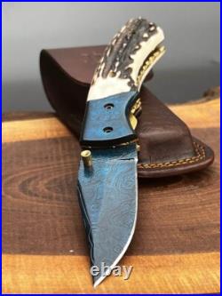 Custom Handmade Damascus Pocket Knife, Hunting & Camping Knife, Folding Knife