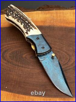 Custom Handmade Damascus Pocket Knife, Hunting & Camping Knife, Folding Knife