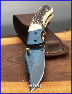 Custom Handmade Damascus Pocket Knife, Hunting & Camping Knife, Folding Knife