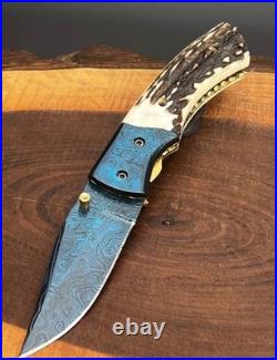 Custom Handmade Damascus Pocket Knife, Hunting & Camping Knife, Folding Knife