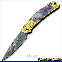 Custom Handmade Damascus Steel 24K Gold Plated Folding Knife Copper Wax Coating