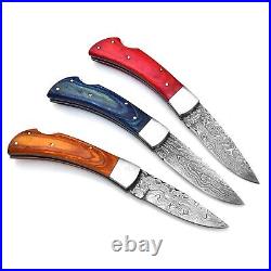 Custom Handmade Damascus Steel 3 Pocket Knives Folding Blade /Hunting/Camping