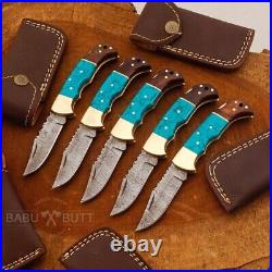 Custom Handmade Damascus Steel Back Lock Folding Pocket Knife 5 Pcs Lot w Sheath