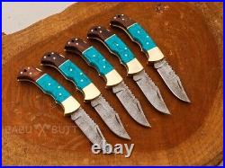 Custom Handmade Damascus Steel Back Lock Folding Pocket Knife 5 Pcs Lot w Sheath