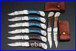 Custom Handmade Damascus Steel Back Lock Folding Pocket Knife 6-Pcs Lot of SIX