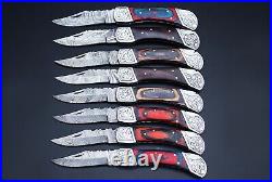 Custom Handmade Damascus Steel Back Lock Folding Pocket Knife 8-Pcs Lot 036