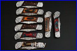Custom Handmade Damascus Steel Back Lock Folding Pocket Knife 8-Pcs Lot 038