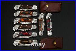 Custom Handmade Damascus Steel Back Lock Folding Pocket Knife 8-Pcs Lot 038
