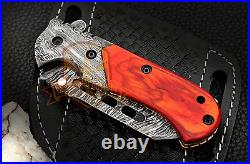 Custom Handmade Damascus Steel Colored Hardwood Handle Folding Knife