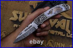 Custom Handmade Damascus Steel Eagle Handle Folding Knife With Leather Sheath