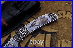 Custom Handmade Damascus Steel Eagle Handle Folding Knife With Leather Sheath