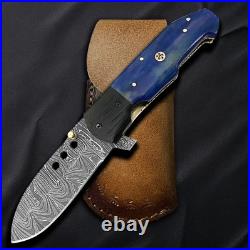 Custom Handmade Damascus Steel Folding Knife Blue Handle with Steel Bolsters