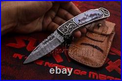 Custom Handmade Damascus Steel Folding Knife, Drop Point Folding Knife With Shea
