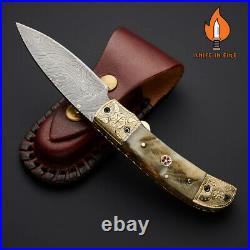 Custom Handmade Damascus Steel Folding Knife Linear Lock Brass Stag/antler