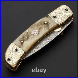 Custom Handmade Damascus Steel Folding Knife Linear Lock Brass Stag/antler