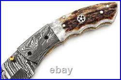 Custom & Handmade Damascus Steel Folding Knife Linear Lock Stag/antler