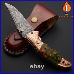 Custom Handmade Damascus Steel Folding Knife Liner Lock Acrylic Brass File Work
