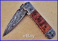 Custom Handmade Damascus Steel Folding Knife- Olive Burl Wood Handle