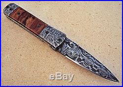 Custom Handmade Damascus Steel Folding Knife- Olive Burl Wood Handle
