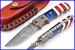 Custom Handmade Damascus Steel Folding Knife, Pocket Knife, American Flag Knife