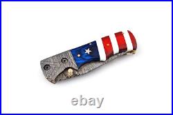 Custom Handmade Damascus Steel Folding Knife, Pocket Knife, American Flag Knife