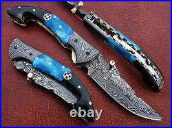 Custom Handmade Damascus Steel Folding Knife/Pocket Knife with Leather Sheath