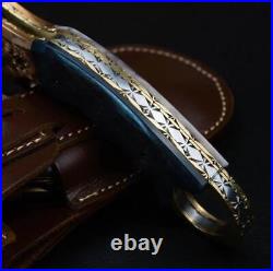 Custom Handmade Damascus Steel Folding Knife With Bone Handle & Leather Sheath