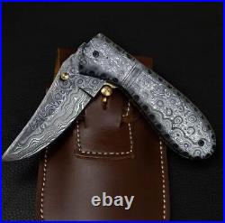 Custom Handmade Damascus Steel Folding Knife With Metal Handle & Leather Sheath