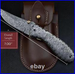Custom Handmade Damascus Steel Folding Knife With Metal Handle & Leather Sheath