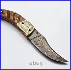 Custom Handmade Damascus Steel Folding Knife With Ram Horn Handle