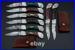 Custom Handmade Damascus Steel Folding Pocket Knife 8-Pcs Lot 035