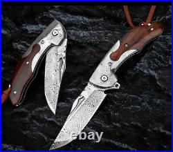 Custom Handmade Damascus Steel Folding Pocket Knife Leather Cover