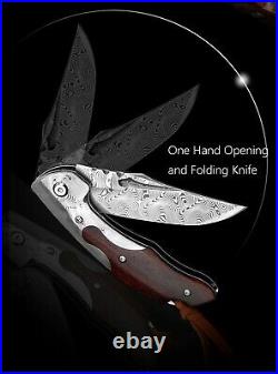 Custom Handmade Damascus Steel Folding Pocket Knife Leather Cover
